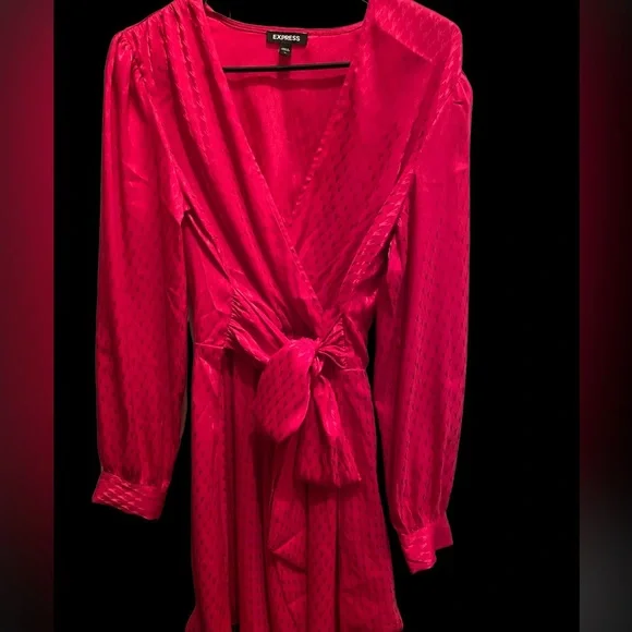 Express Jacquard Satin Tie Waist Long Sleeve Mini Dress - Picture 8 of 8